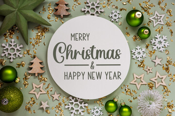Text Merry Christmas And Happy New Year, Green Christmas Decor, Flatlay