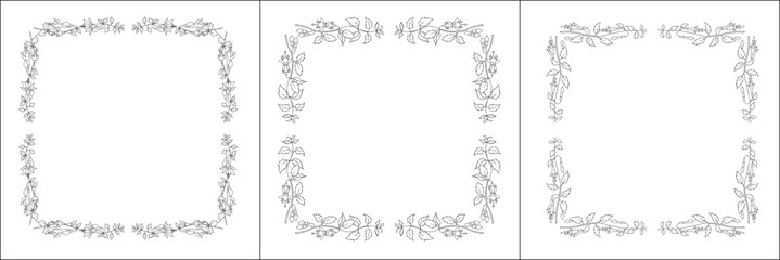 Black and white vegetal ornamental frame with fuchsia flowers, decorative border, corners for greeting cards, banners, business cards, invitations, menus. Isolated vector illustration.