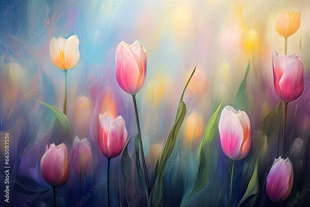 Wall mural  a painting of pink and yellow tulips on a blue background.  generative ai