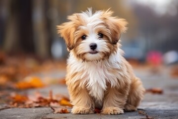 A cute little dog enjoying a day out on the sidewalk