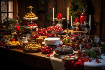 A table full of food and treats in a bright, warm and happy celebrating Christmas.
