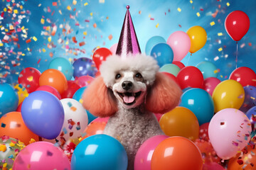 Poodle with party hat, balloons background