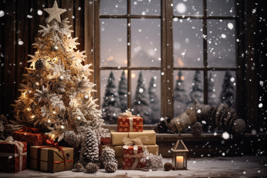 Christmas holiday in winter season decorate with gift boxes, tree and ornaments, Snowflakes background, Happy new year celebration, Special event scene with copy space.