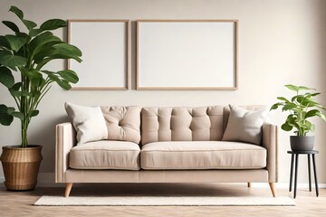 
Cozy Loveseat and Potted Houseplant Adorning a Wall with Framed Poster.
