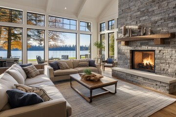 Naklejka premium A cozy and well-furnished living space with a warm fireplace