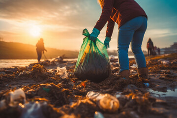 Volunteer picking up garbage on the beach at sunset. Nature pollution concept.