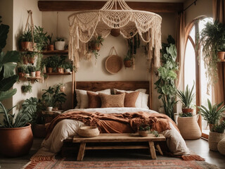 Boho-inspired bedroom with a canopy bed, macrame wall art, and a gallery of planters. Cozy home interior design with earthy decor elements.