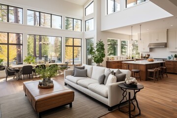 Fototapeta premium A bright and spacious living room with abundant natural light and comfortable furnishings