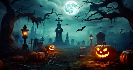 Fototapeta na wymiar Pumpkins In Graveyard In The Spooky Night, Halloween Backdrop.