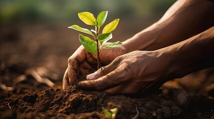hand hold sapling and soil, backlit, copy space