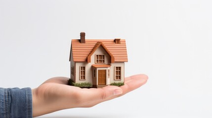 Fototapeta na wymiar Hand hold model house - home loan campaign or real estate concept