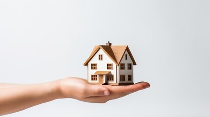 Fototapeta na wymiar Hand hold model house - home loan campaign or real estate concept