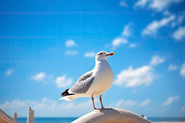 Seagull on the beach under blue sky. AI Generated