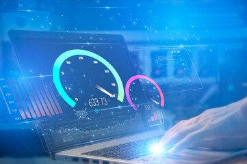 fast internet connection speedtest network bandwidth technology Man using high speed internet with smartphone and laptop computer. 5G quality, speed optimization..