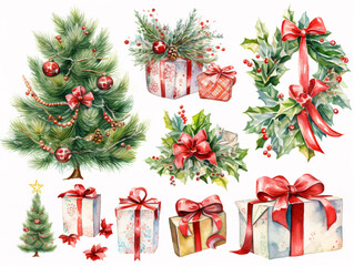 Fototapeta na wymiar Individual Christmas trees, Christmas gifts and other Christmas decorations. Watercolor painting style.