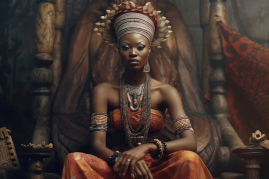 Portrait of beautiful Nigerian queen in traditional dress and ceremonial headgear with jewellery 