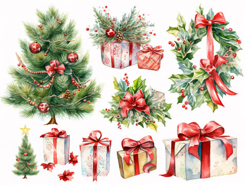 Individual Christmas trees, Christmas gifts and other Christmas decorations. Watercolor painting style.