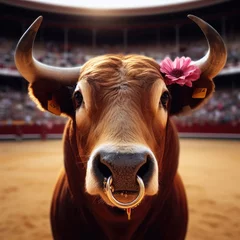 Poster spanish bullfight with a matador in the arena, portrait of a bull in the arena © Deanmon