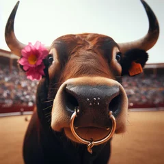 Zelfklevend Fotobehang spanish bullfight with a matador in the arena, portrait of a bull in the arena © Deanmon