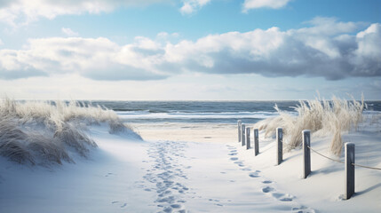 Snowy beach with evenly spaced wooden fence leading towards the ocean under a blue sky with white clouds and sand dunes covered in snow with tall grasses sticking out. - Powered by Adobe