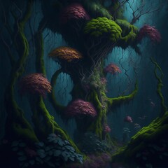 Entre la neblina, un árbol de ensueño florece con sus ramas encantadas,  Generative AI - obrazy, fototapety, plakaty