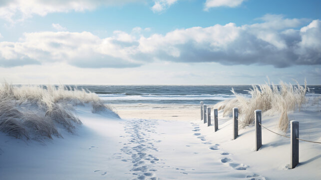 Snowy beach with evenly spaced wooden fence leading towards the ocean under a blue sky with white clouds and sand dunes covered in snow with tall grasses sticking out.