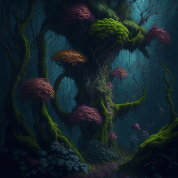 Entre la neblina, un &aacute;rbol de ensue&ntilde;o florece con sus ramas encantadas,  Generative AI