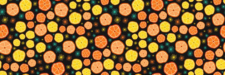 Orange tangerines and snowflakes. Christmas Seamless Pattern. Winter cozy design.