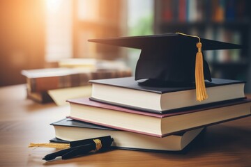 An academic achievement symbolized by a graduation cap resting on a pile of books