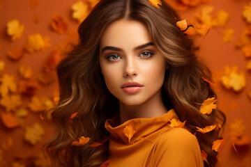 Generative Ai illustration of stunning woman surrounded by dry foliage autumn decorations background