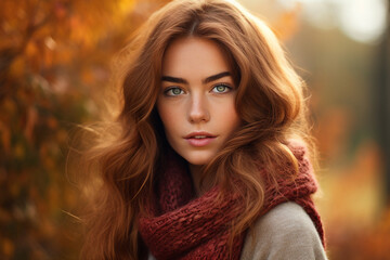 Naklejka premium Generative Ai illustration of stunning woman surrounded by dry foliage autumn decorations background