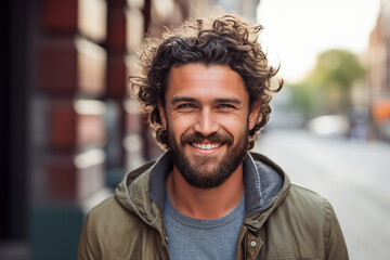 AI generated photo of positive attractive bearded man walking in the city