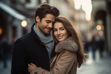 Fototapeta premium Picture made with generative AI of handsome man and charming girl in love walking together on an evening date
