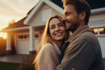 Generative AI portrait picture of two people couple in love happily smiling in front of new buy house - obrazy, fototapety, plakaty