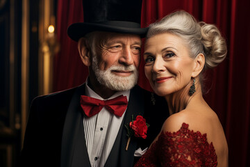 Generative AI portrait picture of glamorous festive clothes aged couple grandmother and grandfather posing