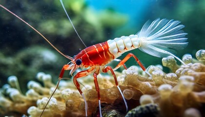 Red Bee Shrimp with transparent body and long legs, underwater macro photography of wild animal
