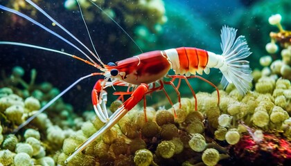 Obraz na płótnie Canvas Red Bee Shrimp with transparent body and long legs, underwater macro photography of wild animal