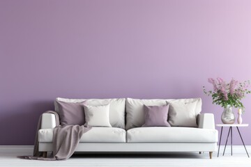 A modern living space with a minimalist white sofa and vibrant purple walls