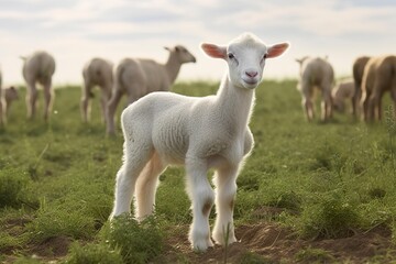 White lamb in a field in front of other animals.