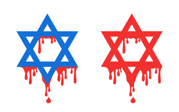 Israel and Israeli star of David with blood and bloody drops. Country and blood as metaphor of war, warfare, killing, aggression, violence, terror. Vector illustration isolated on white.