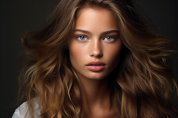 Fototapeta premium Generative Ai portrait of young pretty woman natural beauty brown volume hairstyle on background