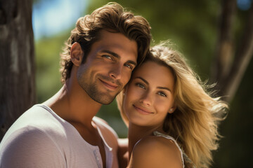 Obraz premium Young couple portrait two lovers spending time sunny country travelers Generative AI