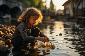 A child drinking contaminated water from a polluted river, highlighting the global problem of water pollution and access to clean water. Concept of water quality. Generative Ai