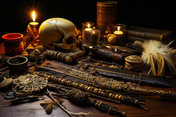 Ritual objects including bones, feathers, beads on carved wooden table.
