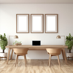 Modern minimal scandinavian style of interior home office area with white wall, wooden floor, wooden table, empty picture frame and indoor plants.

