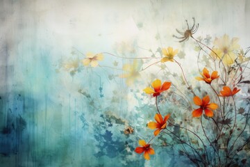 Fototapeta na wymiar A vibrant floral artwork featuring orange flowers against a vibrant blue backdrop