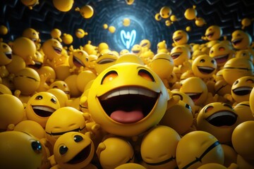 A collection of cheerful yellow emoticons illuminated in a tunnel - obrazy, fototapety, plakaty