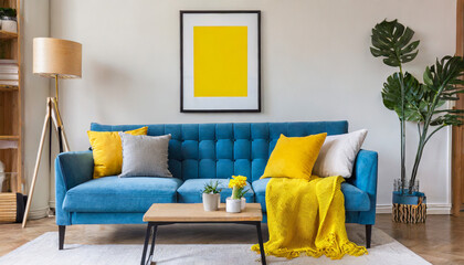 Cerulean couch adorned with yellow cushions and cozy throw, resting against a beige wall showcasing an elegant framed artwork. Minimalistic interior decor for a contemporary living space in a modern l