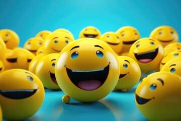 A cheerful collection of yellow smiley faces against a vibrant blue backdrop
