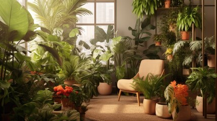 Visualize a person caring for a lush indoor garden with a variety of plant species, representing the trend of biophilic design